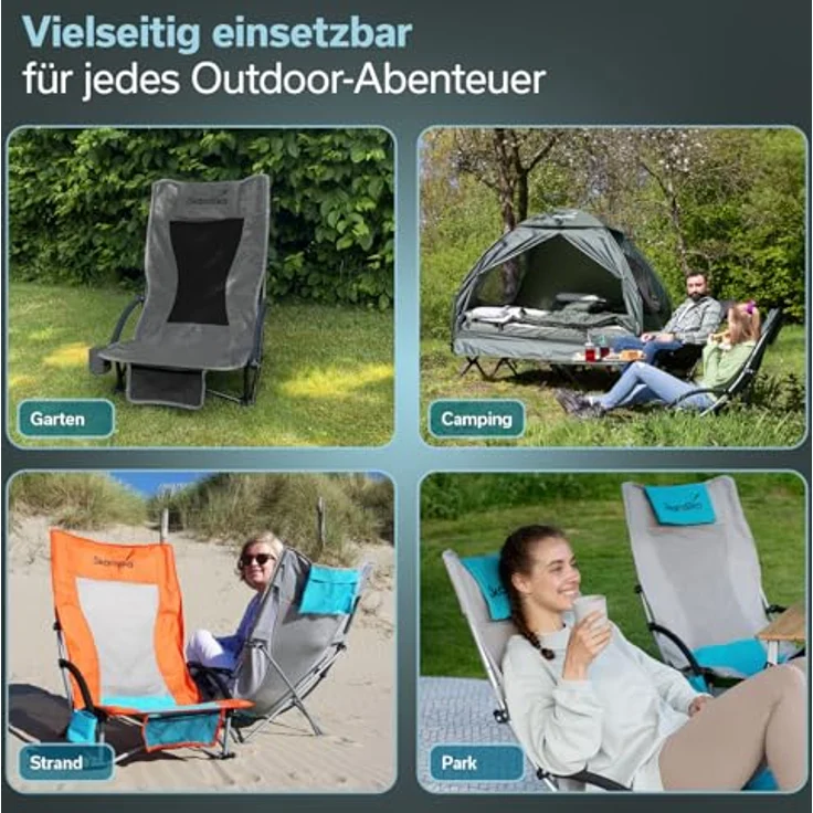 Skandika Strand Klappstuhl Beach | Bequemer Strandstuhl mit atmungsaktivem Mesh, Getränkehalter, niedrig, leicht zu transportieren, max. 136 kg | Faltbarer Campingstuhl, Liegestuhl (beige/türkis) – Bild 8