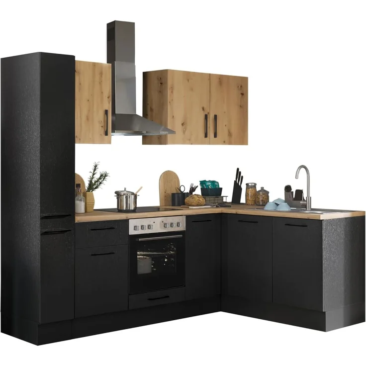 Turin L Eckküche 240 x 211 x 60 cm, schwarz - Basic Küchengeräte - Moderne, geräumige Küche in Artisan-Eiche Optik mit viel Stauraum – Bild 1