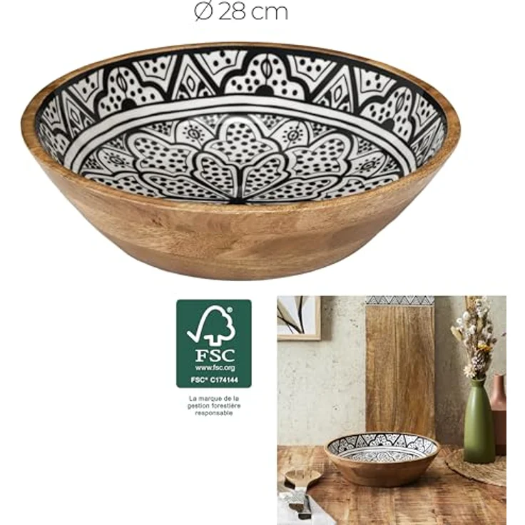 HOME DECO FACTORY, KA0568, Black Dune Mango Wood Salad Bowl, modern and elegant Design, ideal for Salads, Fruits and Decorations, Easy to Maintain, Diameter 28 cm, Brown, White, Black Color – Bild 2