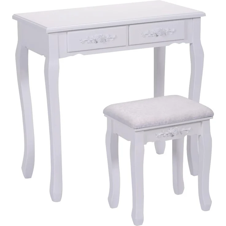 COSTWAY Schminktisch Frisiertisch Frisierkommode Kosmetiktisch Schminkkommode mit schwenkbarem Spiegel und 4 Schubladen inkl. Hocker weiss – Bild 5