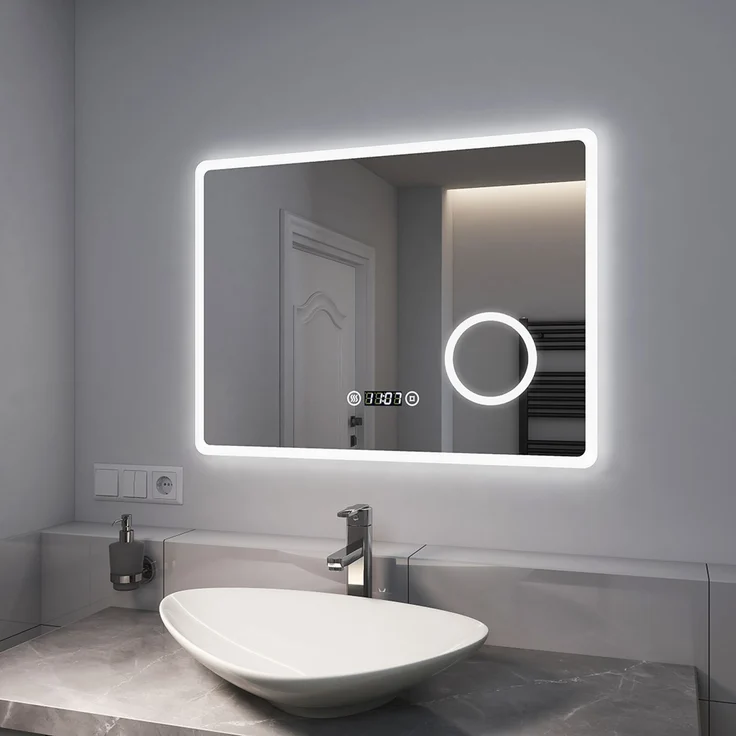 EMKE LED Badspiegel 80x60cm Uhr Beschlagfrei Kaltweißes Licht 3-fache Vergrößerung Touch – Bild 1