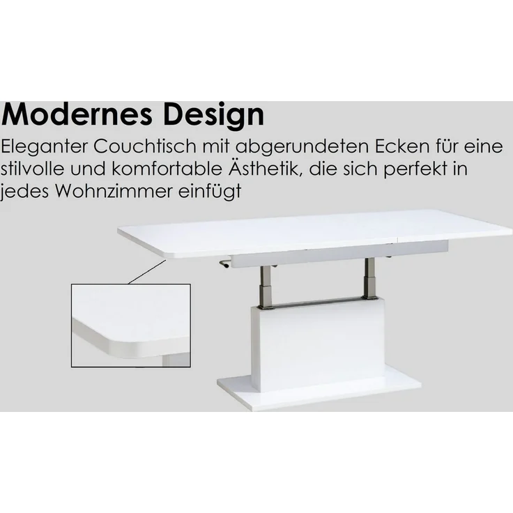 designimpex Couchtisch DC-1 Weiß matt stufenlos höhenverstellbar ausziehbar, Funktionstisch, Wohnzimmertisch, Tisch, Esstisch, Sofatisch – Bild 3