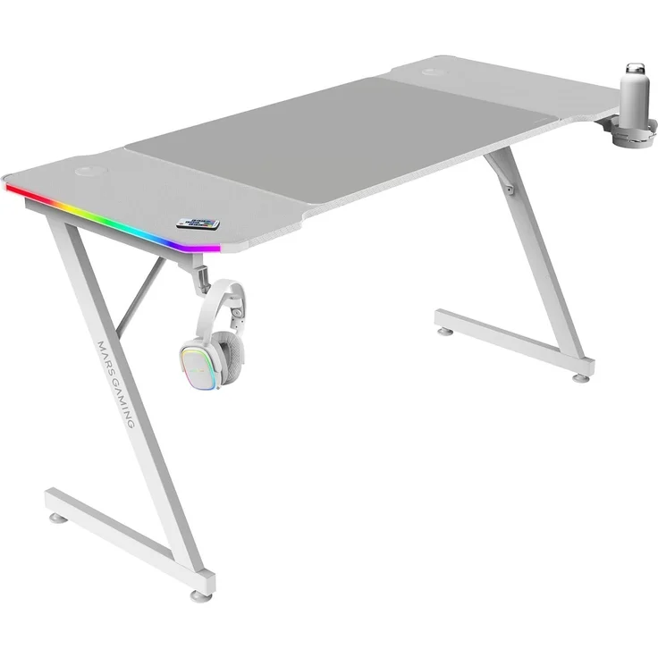 Mars Gaming MGD-X140RGB, Ergonomischer Gaming-Tisch, ARGB-Beleuchtung mit Fernbedienung, Carbonfaser, XXL-Mauspad, Kopfhörer und Getränkehalter, Kabelmanagement, Gaming-Schreibtisch 140x60 cm, Weiß – Bild 1