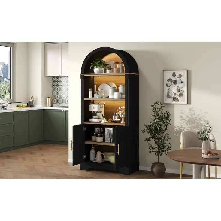 EINHOM Highboard mit verstellbarer Regalböde und LED-Beleuchtung, Küchenschrank mit großem Stauraum, Ideal für Esszimmer, Wohnzimmer und Küche (Schwarz) – Bild 4