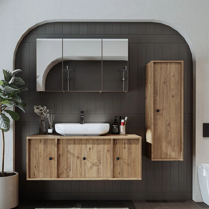 Roomart GUSTO-I-120 Badmöbel Set– 4-teiliges Badezimmermöbel Set - Waschbeckenunterschrank mit Keramikwaschbecken, Spiegelschrank & Hochschrank - H 45 x B 45 x T 120 cm • Eiche – Bild 2