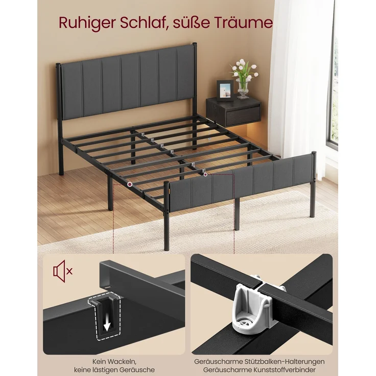 VASAGLE Doppelbett, Bettgestell, 140 x 200 cm, mit gepolstertem Kopfteil, Bettrahmen, Stahl, trägt bis zu 500 kg, grau – Bild 3