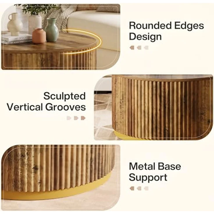 LITTLE TREE Runder Couchtisch, Gerilltes Holz mit Goldenem Metallsockel, 80 cm Durchmesser, Rustikales Braun, Massivholz, Mid-Century Modern für Wohnzimmer – Bild 5