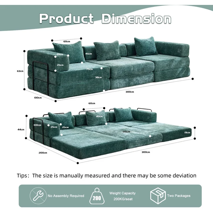 3-Sitzer Schlafsofa B 300 x T 100 x H 63 cm aus Chenille, dunkelgrün – Bild 3