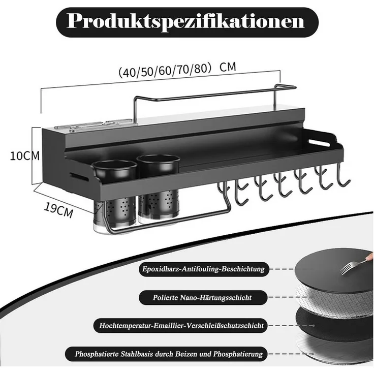 TUWENA Gewürzregal Gewürzregal Wand, GewürzregaleKüchenregal wand ohne Bohren, Gewürzregal Hängend mit Messerschlitz, 12 Haken, 2 Becher