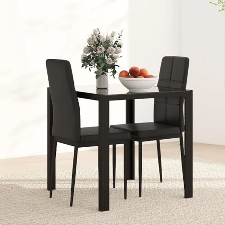 HOMCOM Essgruppe mit Glas-Tischplatte, (Esstisch mit 2 Stühlen, 3-tlg, platzsparend Esszimmergruppe), für Esszimmer, Küche Schwarz – Bild 6