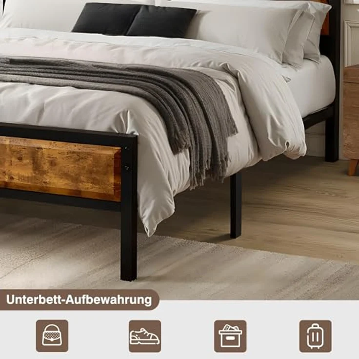 VECELO Bettgestell 140x200 cm, Metall-Holz Doppelbett mit Lattenrost, geräuschlos und stabil, mit Stauraum, einfache Montage für Schlafzimmer und Gästezimmer, Braun – Bild 5