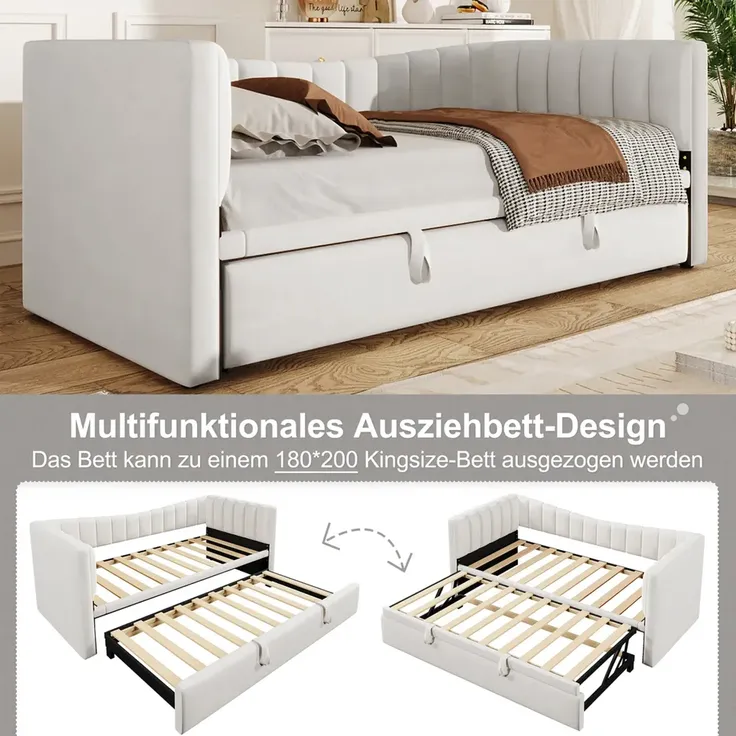 Schlafsofa mit Lattenrost und Ausziehbett, Bettfunktion, 90x200 cm/180x200 cm, Einzelbett, Polsterbett, Samt – Bild 4