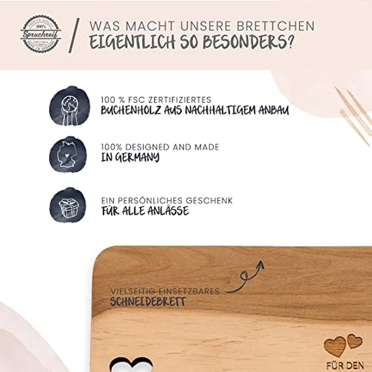 Spruchreif® Frühstücksbrett Frühstücksbrettchen aus Holz · Brotzeitbrett mit Gravur · Geschenk für Familie · Holzbrettchen mit Herzausschnitt – Bild 6