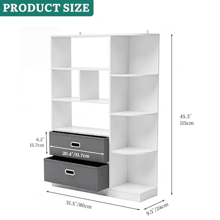 YITAHOME Freistehendes Bücherregal, Regal mit 8 offenen Regalböden und 2 Stoffschubladen, Beistellschrank für Wohnzimmer, Schlafzimmer, Büro, Weiß, 80 B × 24 T × 115 H cm – Bild 3