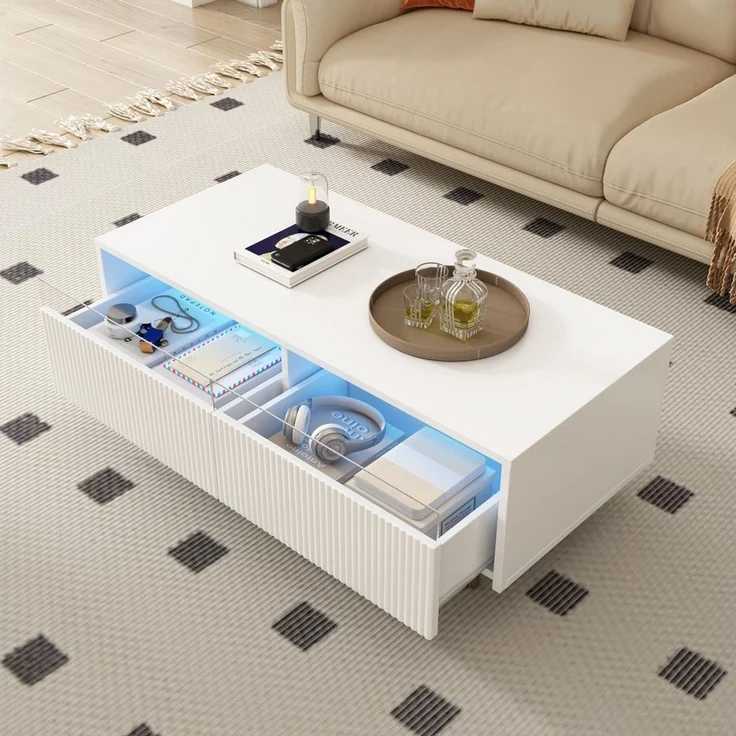 Merax Couchtisch Sofatisch Beistelltisch mit LED-Beleuchtung (1-St), Wohnzimmertisch mit 2 Schubladen & Massivholzbeinen, 110×50×40 cm – Bild 1