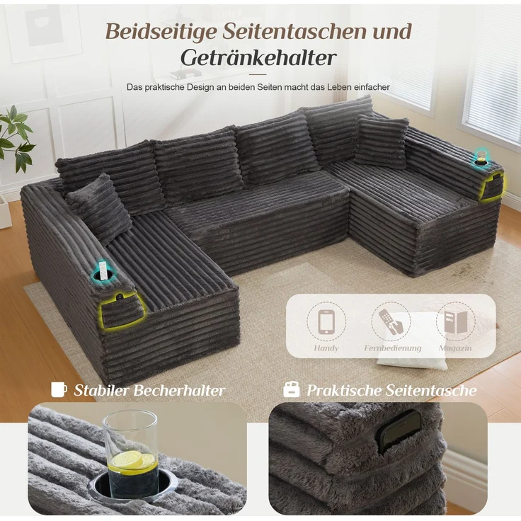 ZUBALIYA Wohnlandschaft 155x88 cm, mit Samtbezug, mit Cordbezug, mit breiten Armlehnen, mit Schaumstoffpolsterung – Bild 7