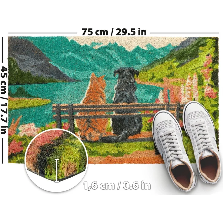 BRUBAKER Fußmatte Hund und Katze auf Bank vor Bergsee mit Blumen - Schmutzfangmatte, Rechteckig, Höhe: 15 mm, Fußmatte für Außen und Innen - Wetterfest und Rutschfest - 45x75 cm – Bild 1