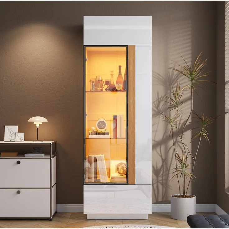 Vitrinenschrank 60x40x180 cm mit Glastür, LED-Beleuchtung und Hochglanzfronten – Weiß