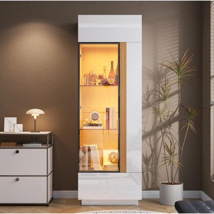 Vitrinenschrank 60x40x180 cm mit Glastür, LED-Beleuchtung und Hochglanzfronten – Weiß – Bild 1