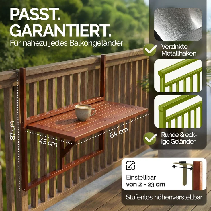 Casaria Balkontisch Balkonhängetisch Balkon Tisch klappbar Akazie Holz – Bild 3
