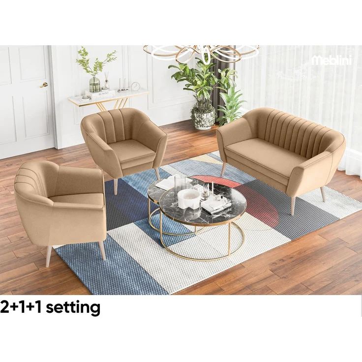 MEBLINI Sofa-Set KAIA 2+1 - Beige Samt - für Wohnzimmer - Mini Lounge für drei Personen - Küchensofa - Sofa Klein - Sitzgarnitur - Polstergarnitur - Sofagarnituren – Bild 5