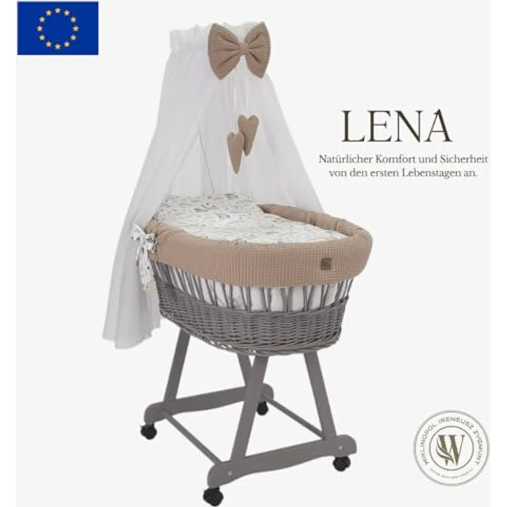 WIKLINOPOL Stubenwagen Lena aus Weide – Babywiege mit Rollen, Matratze, Baldachin & Bettwäsche aus Waffelstoff mit Häschen, handgefertigt, grau Moseskorb – Bild 2