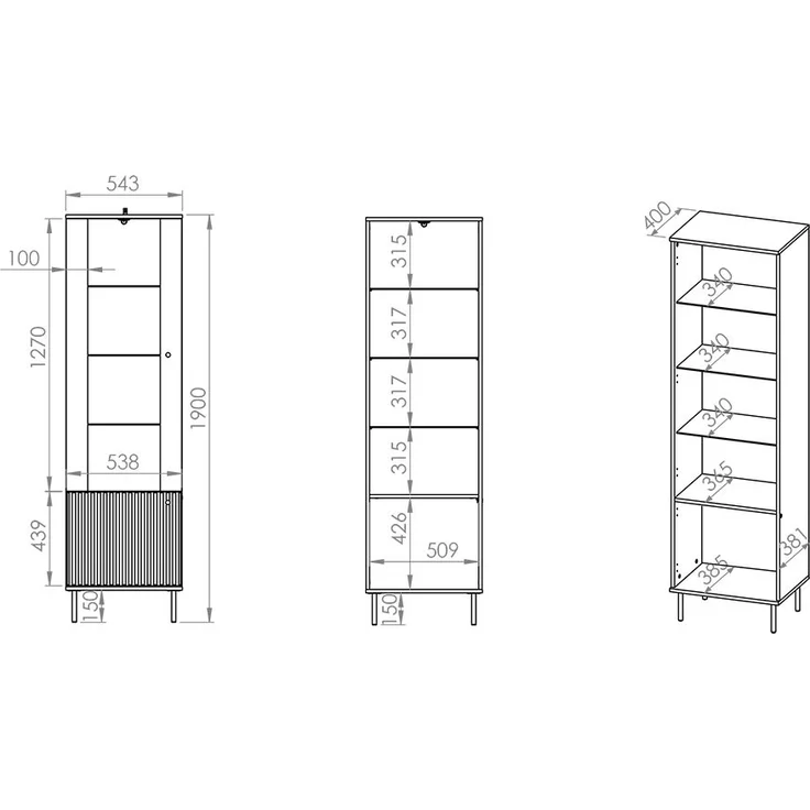 Wohnzimmer Vitrine SALOU-131 in kaschmir matt, goldfarbene Metallgriffe, B/H/T ca. 55/190/40 cm – Bild 9