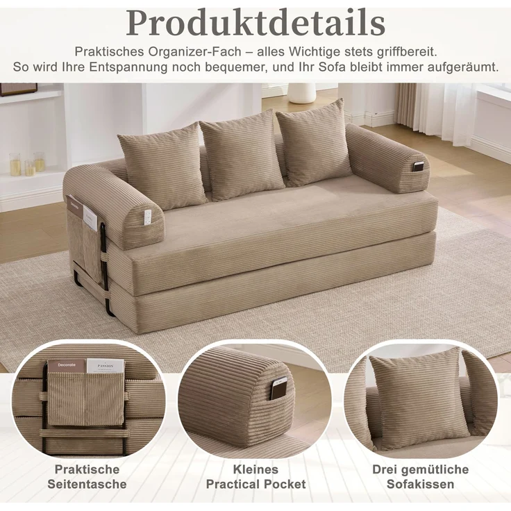 LVHOM Schlafsofa 3 Sitzer, Klappsofa mit Schlaffunktion, Bodensofa, Polstersofa aus CordStoff, Schlafcouch dauerschläfer, frei Kombination, 200x94x67 cm, Khaki – Bild 4