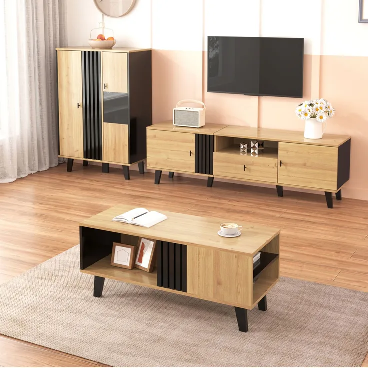Wohnzimmermöbel-Set 3-teilig mit Glas & Stauraum, 100x60x45 cm / 170x40x50,5 cm, Schwarz-Holz