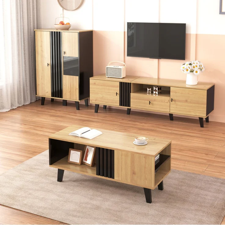 Wohnzimmermöbel-Set 3-teilig mit Glas & Stauraum, 100x60x45 cm / 170x40x50,5 cm, Schwarz-Holz – Bild 1