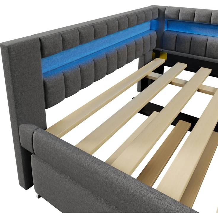 Polsterbett mit Lattenrost, Gästebett, USB und Type-C Anschlüssen, 140x200cm, Schlafsofa, Doppelbett, Leinen – Bild 9