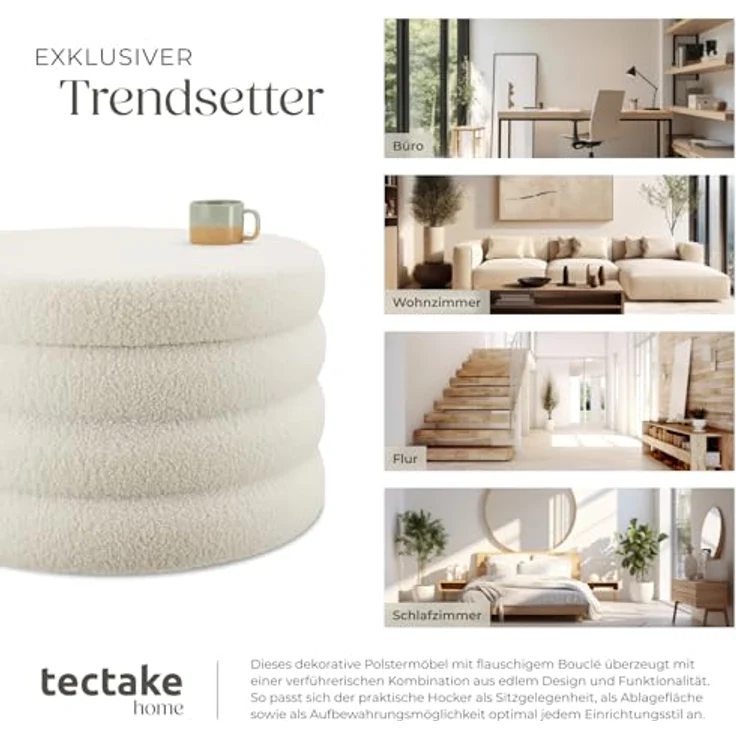 tectake® Hocker mit Stauraum, XL Scandi Sitzhocker Bouclé Teddy Stoff, Pouf, Polsterhocker rund für Schminktisch, Schlafzimmer, Wohnzimmer Möbel, als Flur Möbel, Stauhocker Wohnen - Bouclé Creme-weiß – Bild 8