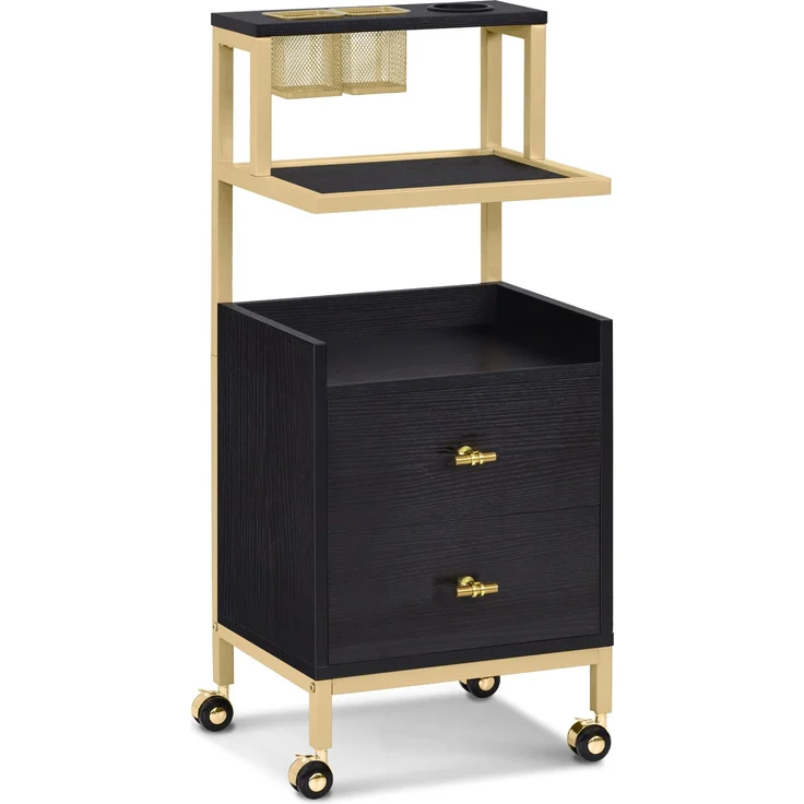 BarberPub Friseurwagen mit Rollen & 2 Schubladen, Rollwagen Servierwagen Schwarz-Gold, Salon Trolley mit 2 Ablagen & Föhnhalter, Moderner Arbeitswagen für Bad Wohnzimmer, 0029 – Bild 1