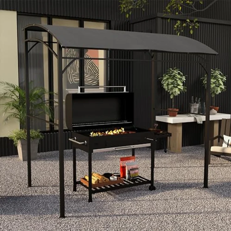Outsunny Grillpavillon 215 x 150 x 220 cm, wasserabweisend mit gebogenem Dach, stabiler Metallrahmen und 10 Haken, dunkelgrau – Bild 2