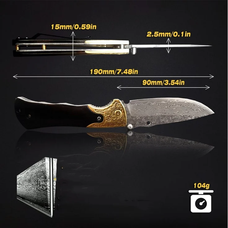 KingLux Damastmesser Taschenmesser Klappmesser 77Lagen Damaststahl für Outdoor Survival – Bild 4