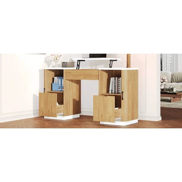 ZUBALIYA Höhenverstellbarer Schreibtisch, 140 × 50 cm, mit großzügigem Stauraum, ausgestattet mit 2 Schubladen und 2 offenen Fächern, Computertisch, Schminktisch, weiß/Eichenoptik, mit Streifenmuster – Bild 17