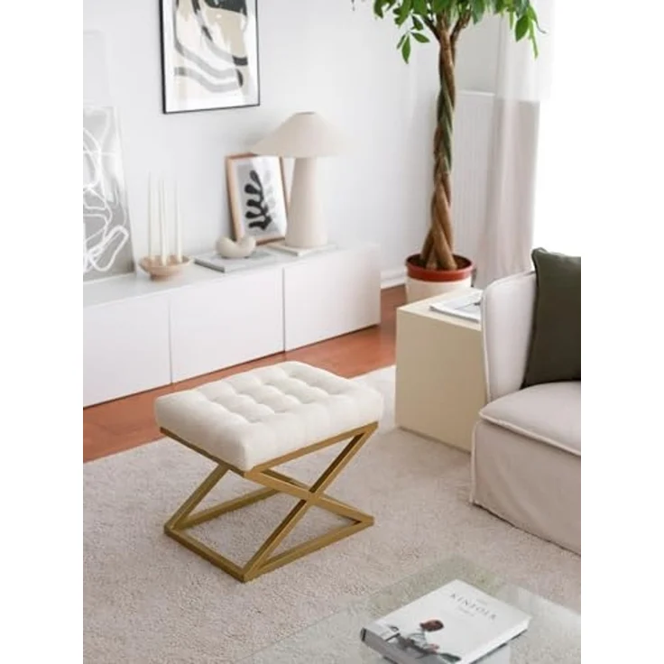Atelier Del Sofa Stylish Pouffe with Metal Frame, Cream Teddy Fabric, 50 x 42 x 40 cm | Durable & Comfortable Seating for Modern Living Rooms & Bedrooms – Bild 1