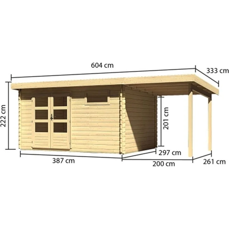Gartenhaus Bastrup 8 - 570x297 cm mit Anbaudach 2,00 m mit Rückwand, 28 mm Holz naturbelassen, Karibu – Bild 3