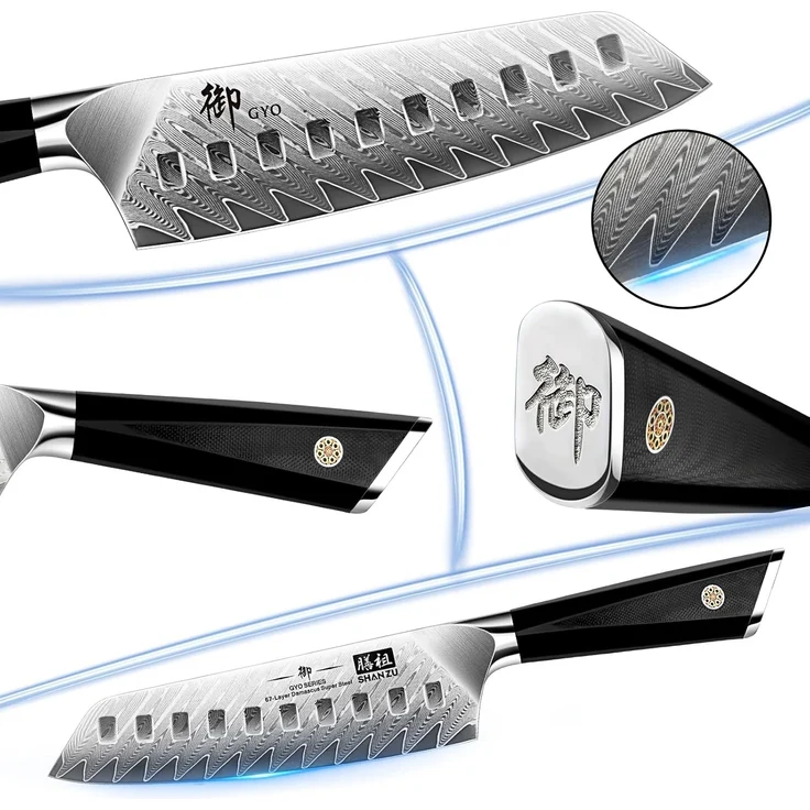SHAN ZU Damastmesser, Santokumesser Küchenmesser 18cm Kochmesser Damaskus 10Cr15Mov Edelstahl Scharfe Messerklinge Ergonomischer G10 Griff Exquisiter Geschenkverpackun – Bild 5