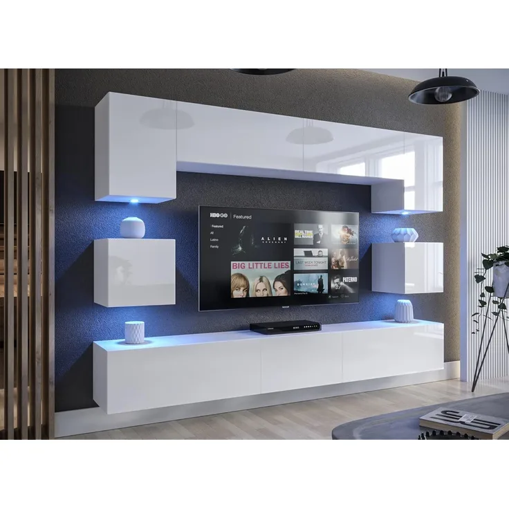 FURNITECH NOWARA AN1 Wohnzimmer Möbel Wohnwand Mediawand Wandschrank mit Led Beleuchtung Schrankwand (LED weiß, AN1-17W-HG21 1B)