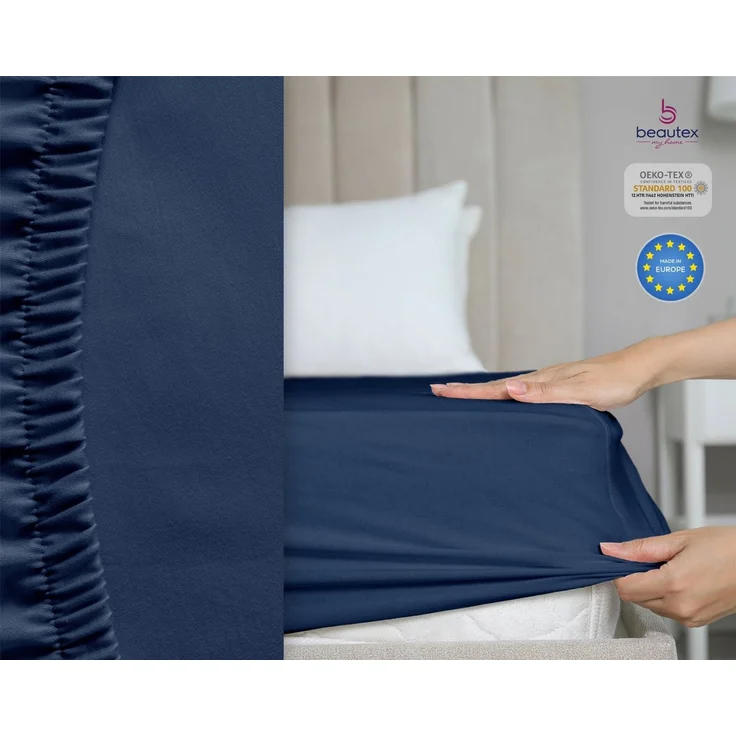 Beautex Spannbettlaken, Gummizug: rundum, (1 Stück), gekämmte Baumwolle Premium Jersey, 160g/m², Navyblau, Boxspring - 90 x 200 x 45 cm – Bild 2