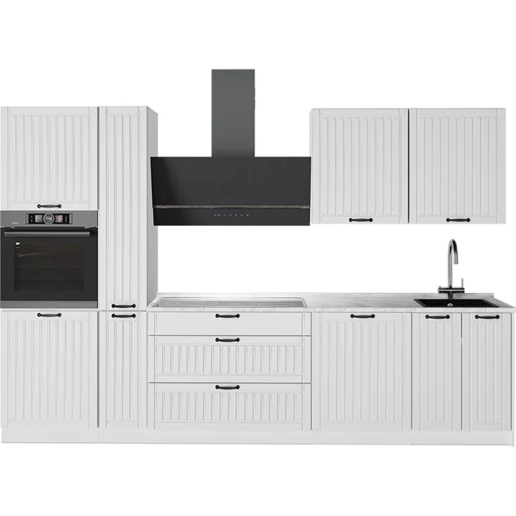Küchenzeile Fame-Line Weiß Landhaus/Weiß 310 cm, AP Marmor Vicco – Bild 1