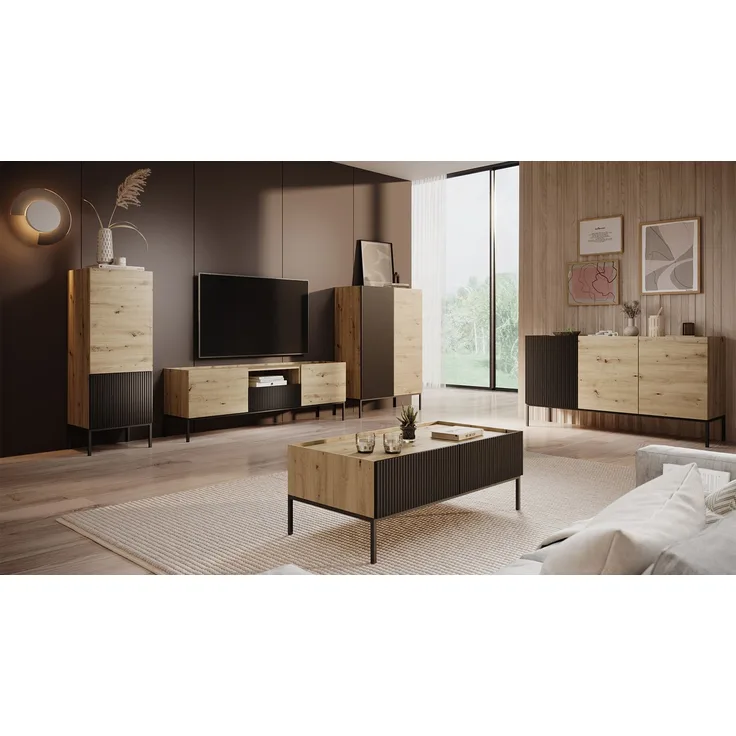 Wohnzimmer-Set Cowilo I (Farbe: Artisan Eiche + Schwarz)