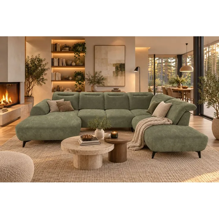 Wohnlandschaft Sofa U-Form ALETTE in Stoff Doha Hellgrün Lange Schenkel Rechts