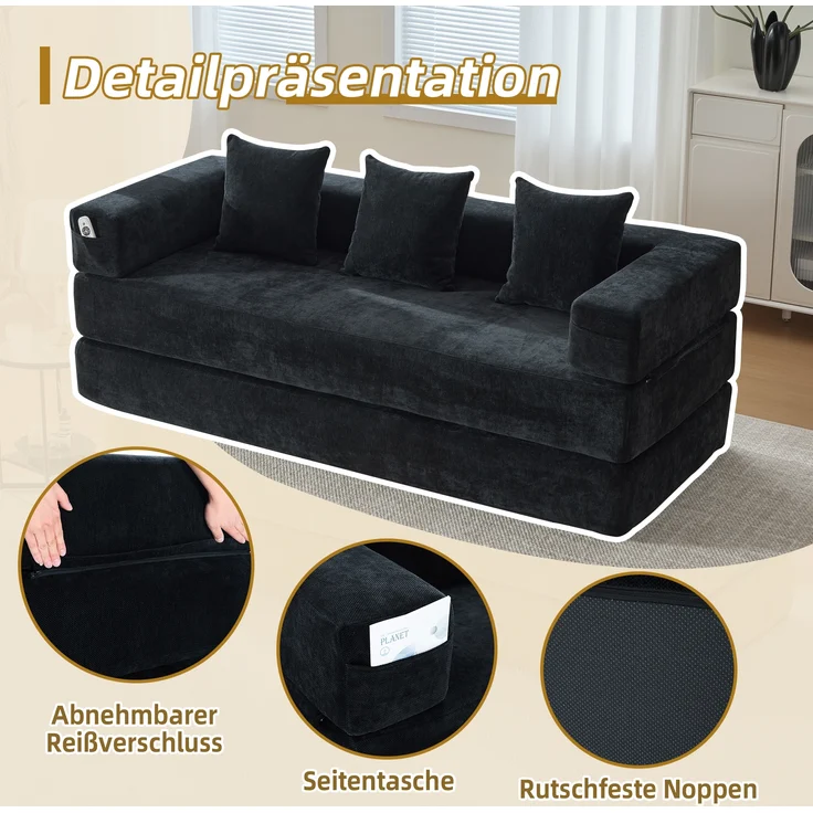 LVHOM Schlafsofa 3 sitzer, Klappsofa mit Schlaffunktion, Bodensofa, Schlafcouch aus Chenille-Stoff, frei Kombination, 198x79x60 cm – Bild 5