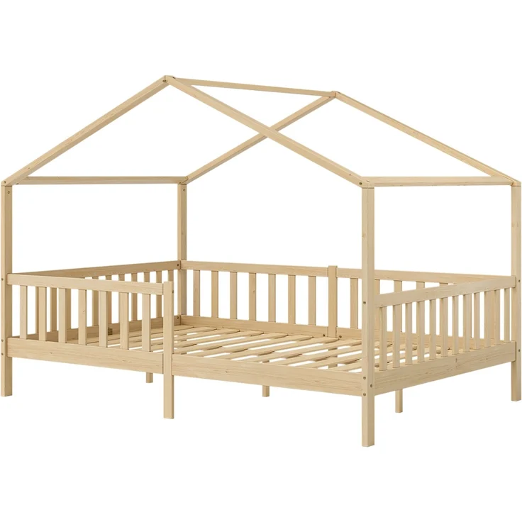 Bellabino 'Bia' Hausbett 140x200 cm mit Matratze, natur, Kiefer Massivholz, Montessori Kinderbett mit Rausfallschutz und Lattenrost – Bild 2