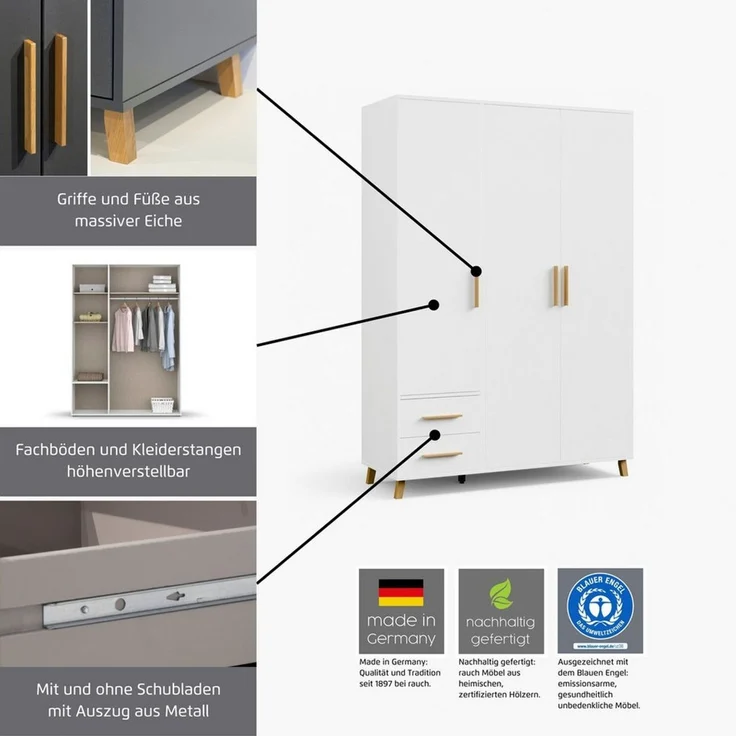 rauch Drehtürenschrank Kleiderschrank Schrank Garderobe SHINJO Breiten 93/140/187 cm (in 3 verschiedenen Ausstattungen BASIC/CLASSIC/PREMIUM) Griffe und Füße aus Massivholz, viel Stauraum MADE IN GERMANY – Bild 3