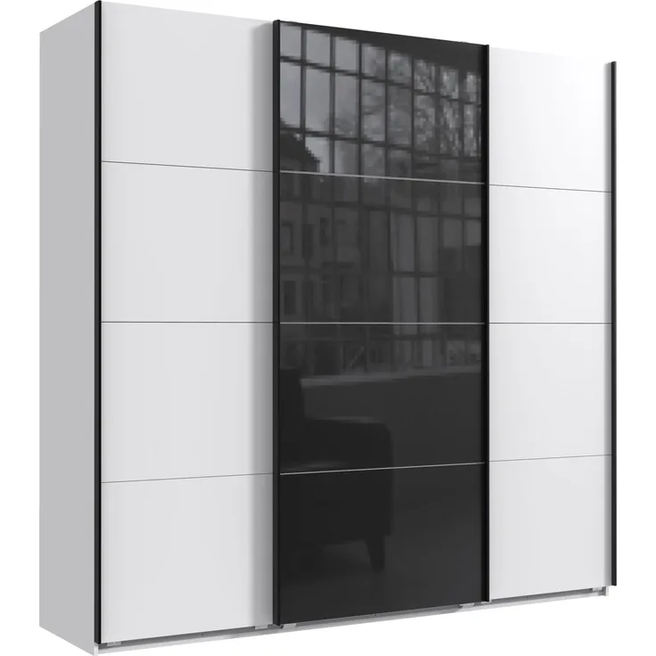 Schwebetürenschrank Kleiderschrank B225 cm extra H236 cm 3-türig Weiß, 1x Tür Glas Schwarz