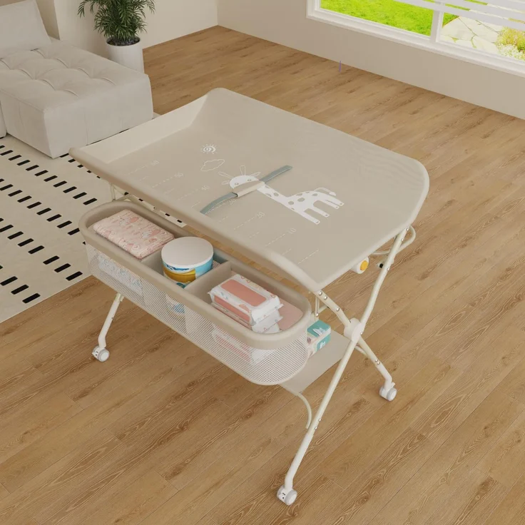 Wickelstation für Baby, Wickeltisch, faltbar, tragbar, Wickeltisch, faltbar, tragbar, mit Aufbewahrungskorb, maximale Belastung von 25 kg,75 x 68 x 83–91 cm (Cremeweiß) – Bild 1
