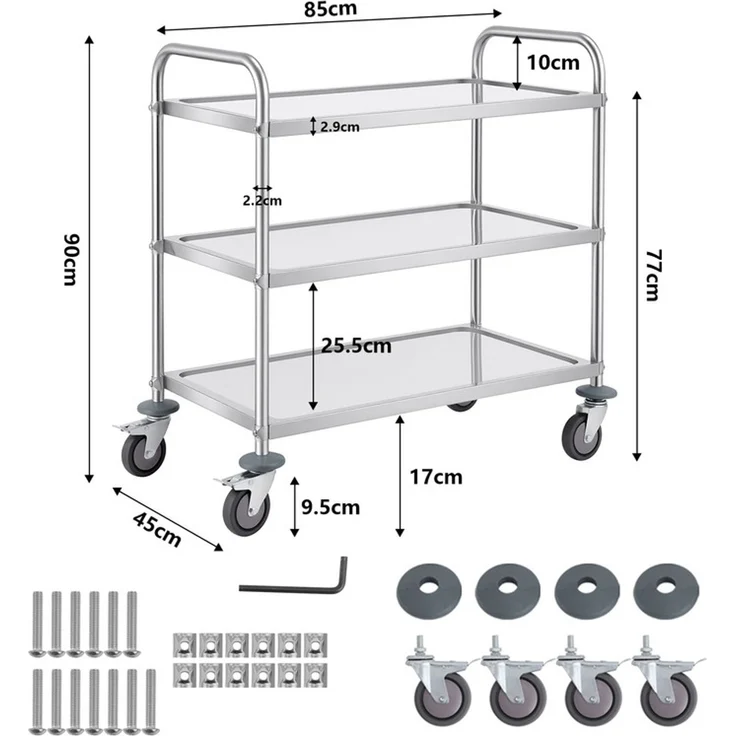 Home Nature Wohnkonzept 3-stufiger Servierwagen / Küchenwagen aus Edelstahl – platzsparender Rollwagen mit Universalrollen, 90 × 45 × 85 cm – Bild 2